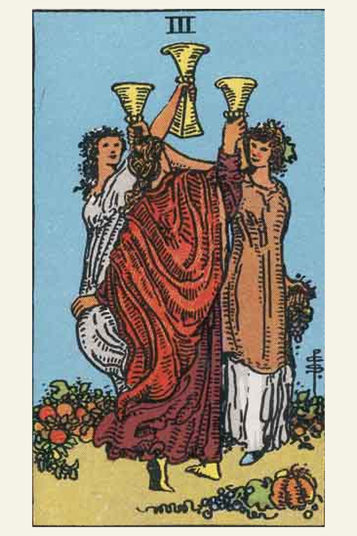 Three of Cups tarot card meaning with symbolic spiritual artwork for tarot readings.