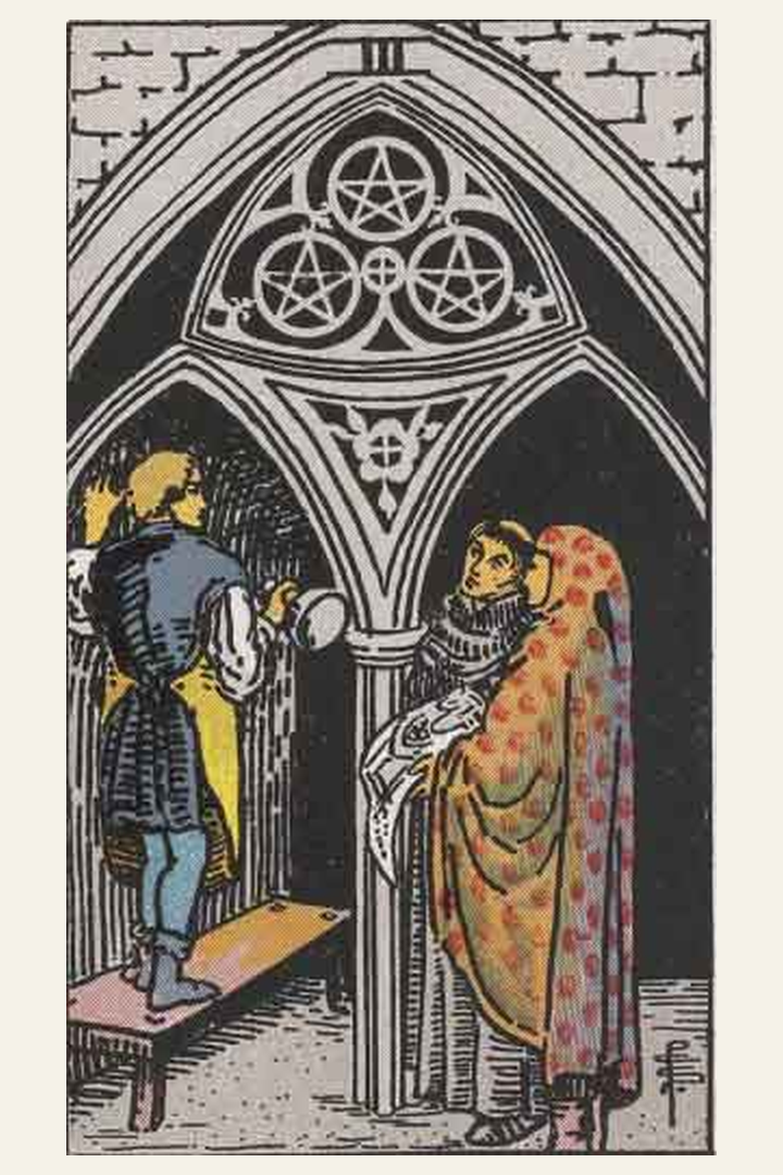 Three of Pentacles tarot card meaning with symbolic spiritual artwork for tarot readings.