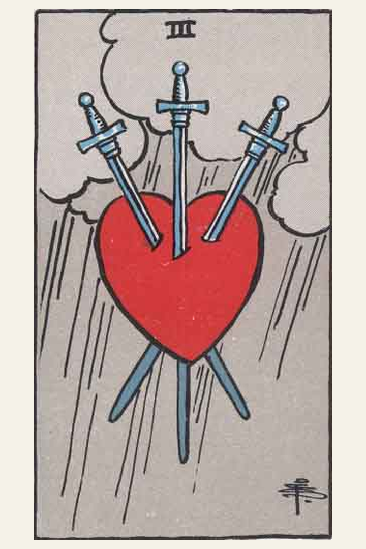Three of Swords tarot card meaning with symbolic spiritual artwork for tarot readings.