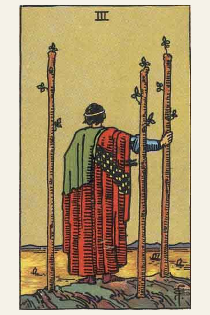 Three of Wands tarot card meaning with symbolic spiritual artwork for tarot readings.