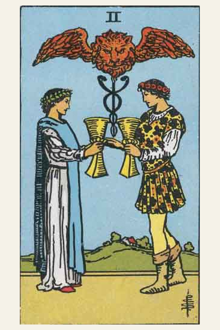 Two of Cups tarot card meaning with symbolic spiritual artwork for tarot readings.