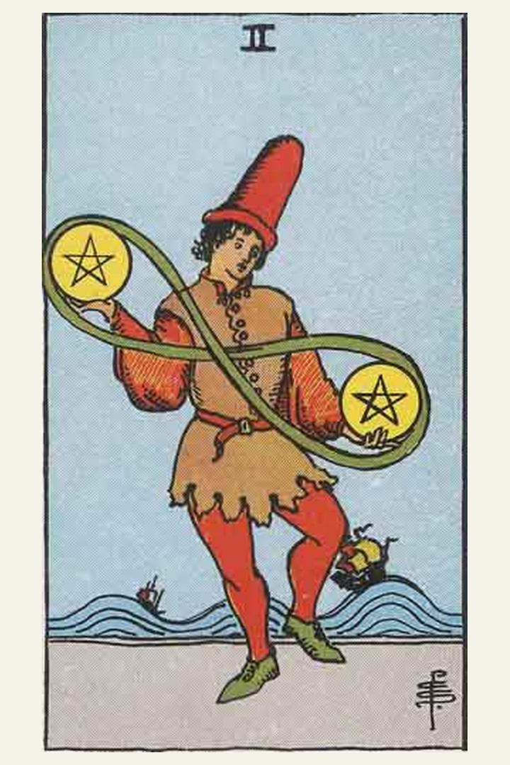 Two of Pentacles tarot card meaning with symbolic spiritual artwork for tarot readings.