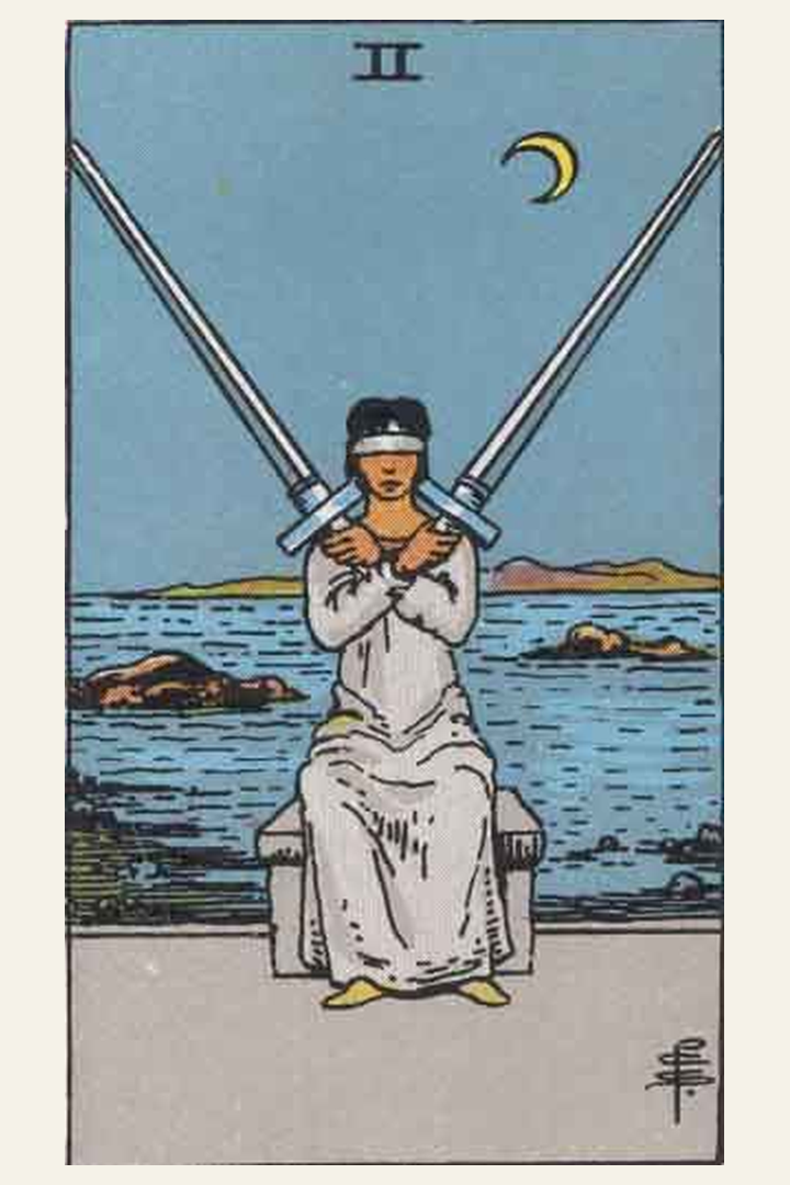 Two of Swords tarot card meaning with symbolic spiritual artwork for tarot readings.