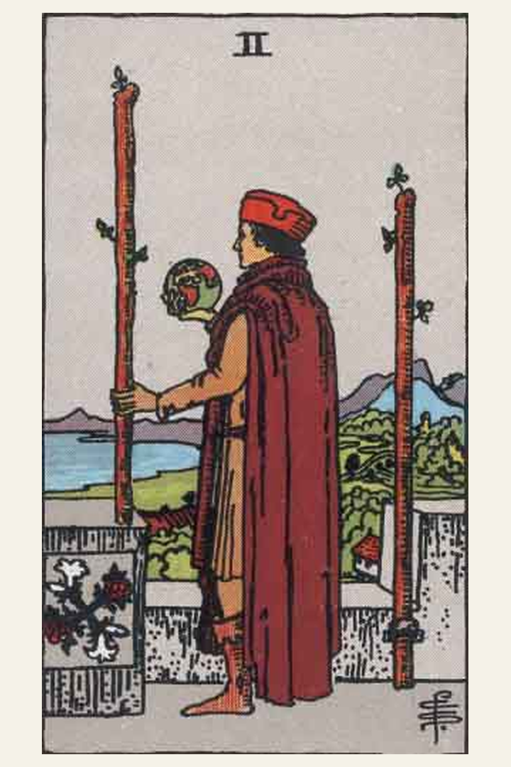 Two of Wands tarot card meaning with symbolic spiritual artwork for tarot readings.